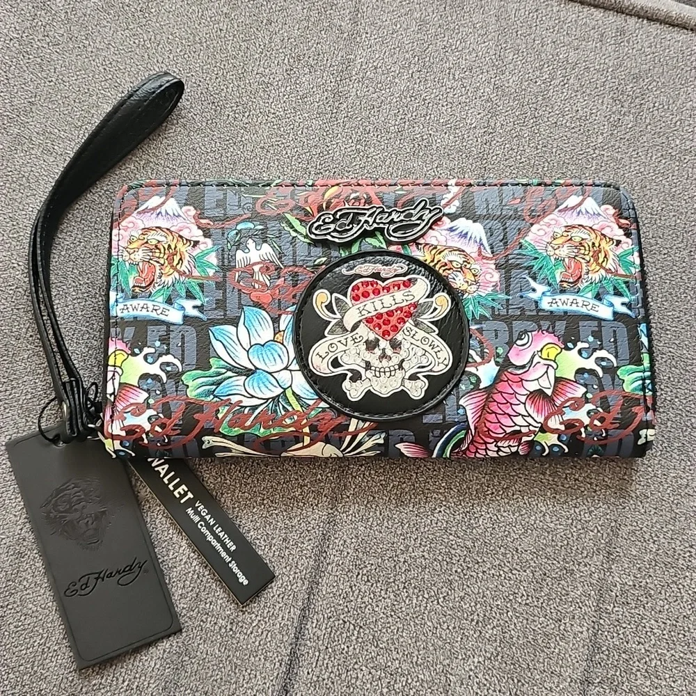 NWT Ed Hardy Wristlet Tattoo Graphic Wallet Zip Around Skull Love Kills Tiger